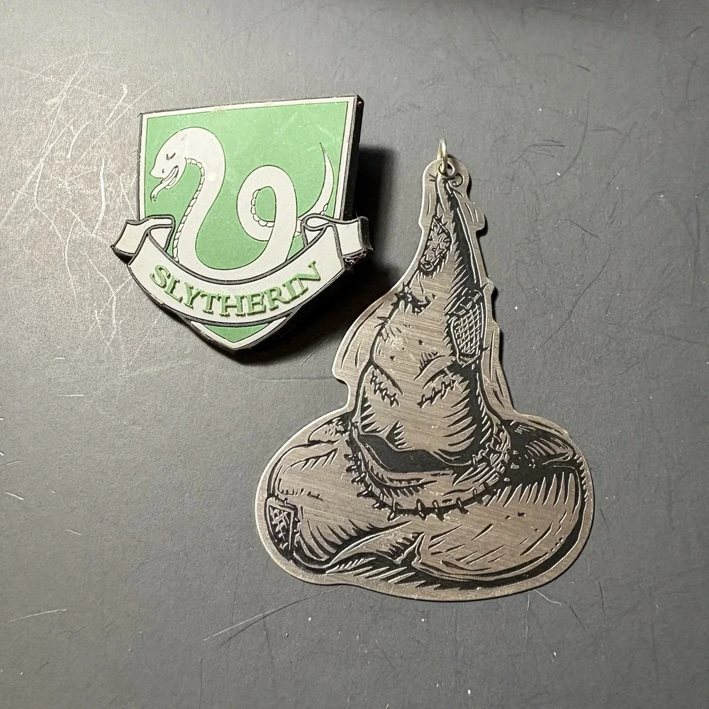 Harry Potter Slytherin House Enamel Pin & Sorting Hat Metal Charm 2 Lot Fandom
